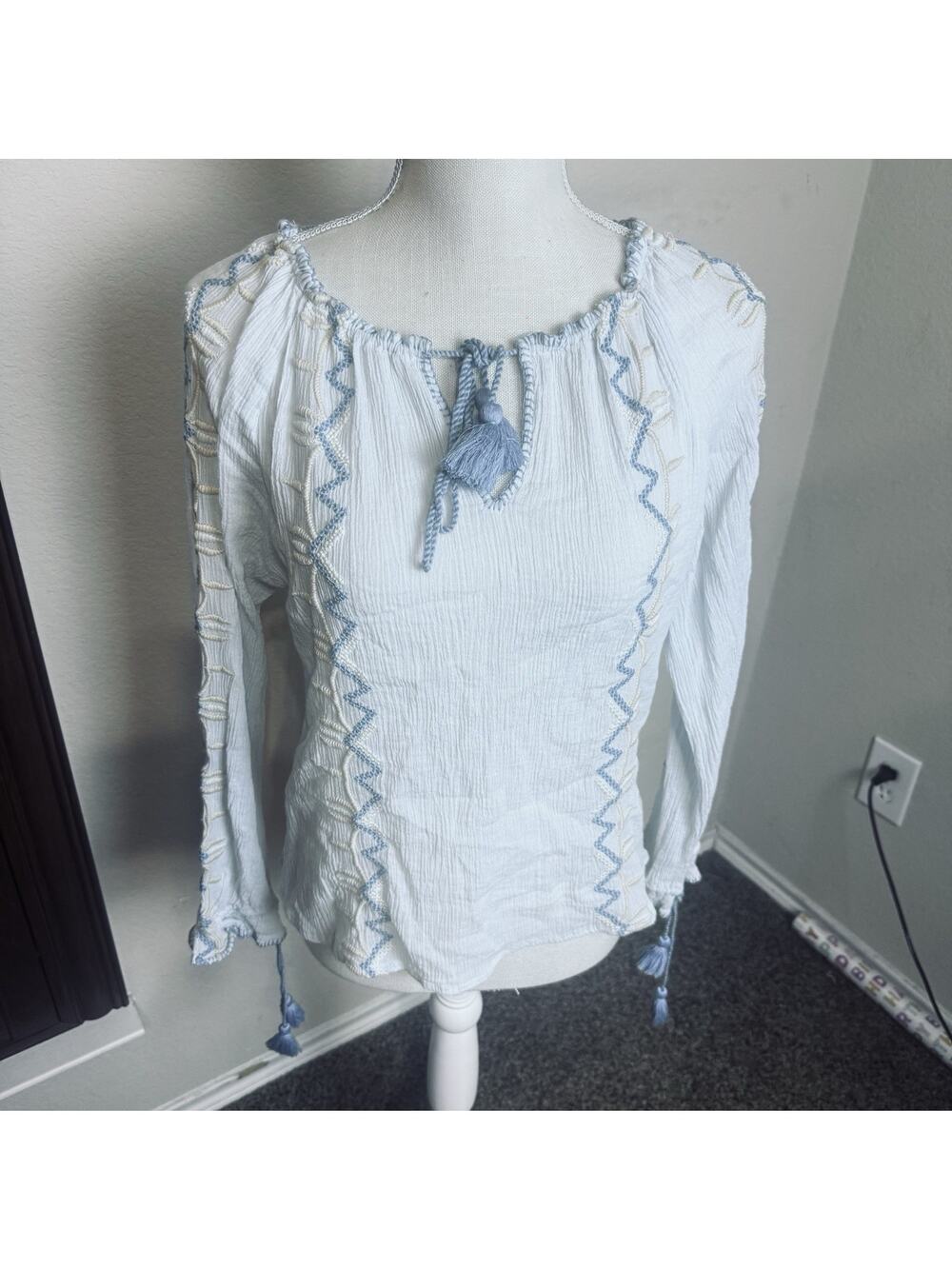 Roberta Roller Rabbit Womens Peasant top Boho Crinkle Blouse 100% Cotton Size XS